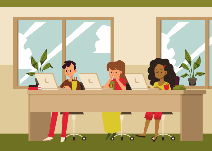 Fondo de habitación con personajes de dibujos animados de niños y niñas estudiando online, ilustración vectorial plana. Educación en línea y tecnología de educación a distancia para niños.