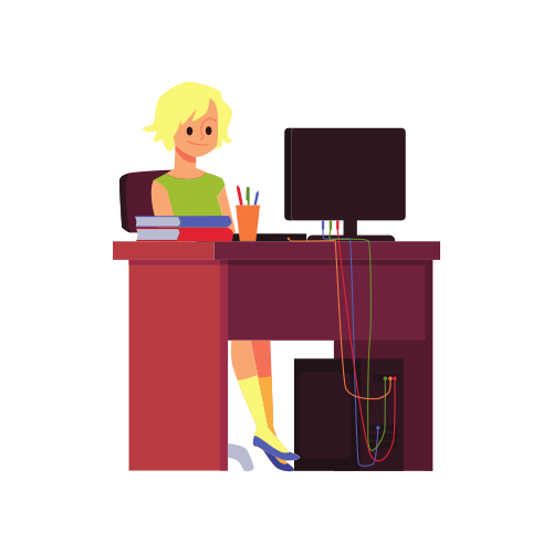 Blond teenage girl cartoon character studying online with laptop, flat vector illustration isolated on white background. International online education concept.