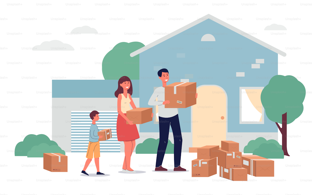 Family with children people cartoon characters packing and carrying cardboard boxes for moving to new house at cottage silhouette background, flat vector illustration.