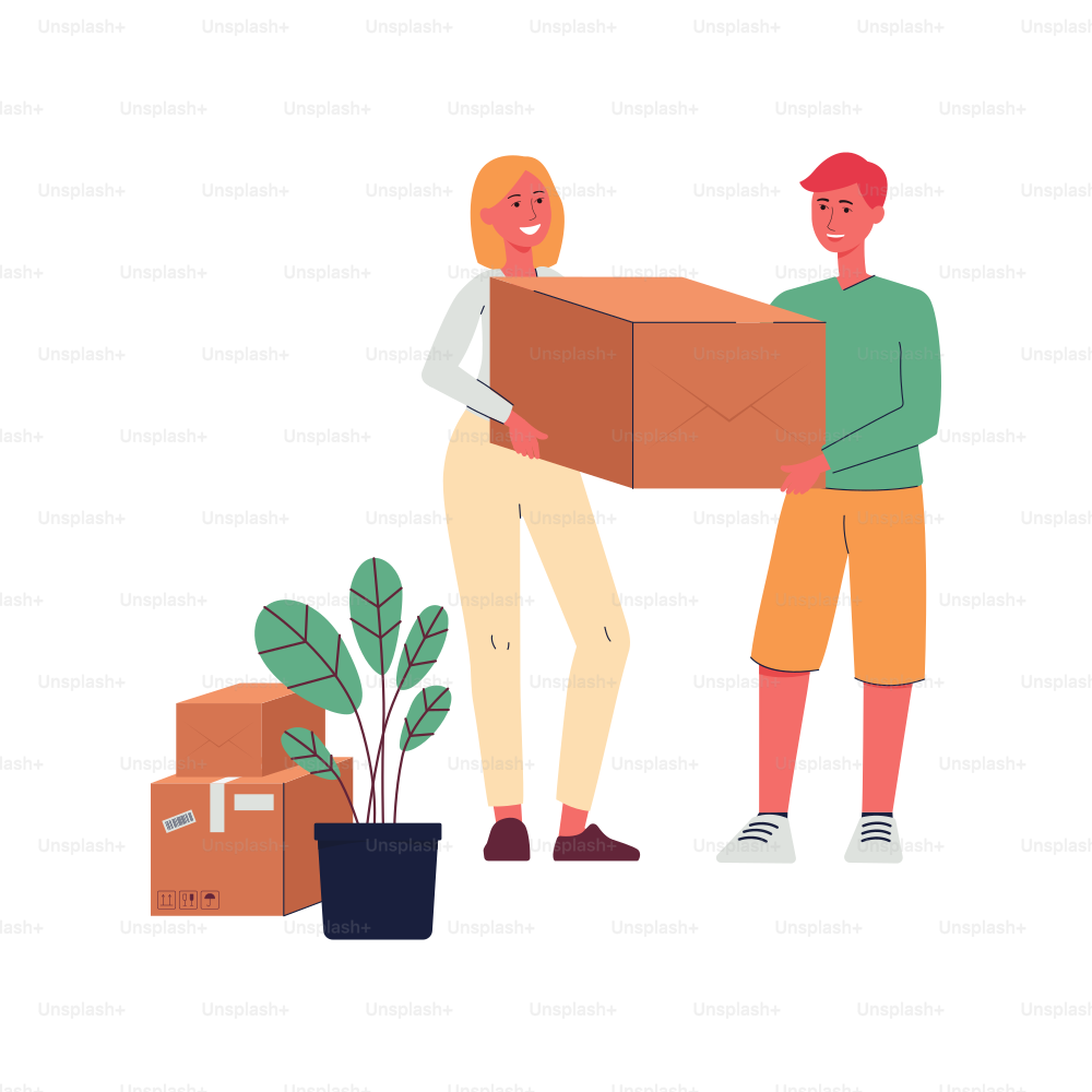 Couple heureux portant une boîte en carton - homme et femme de dessin animé déménageant et tenant une boîte emballée ensemble. Déménagement de jeunes familles - illustration vectorielle isolée plate.