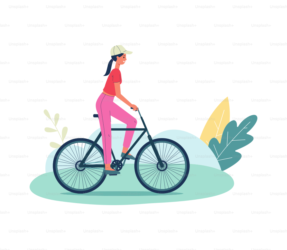 Bicicletta che guida la donna - veicolo di trasporto alternativo ecologico personale, illustrazione vettoriale piatta isolata su sfondo bianco. Conservazione dell'ambiente.