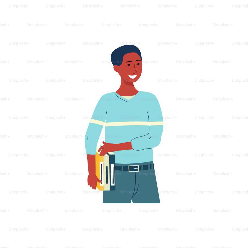 Cartoon man with dark skin holding stack of textbooks and smiling - male student standing with books isolated on white background. Flat vector illustration.
