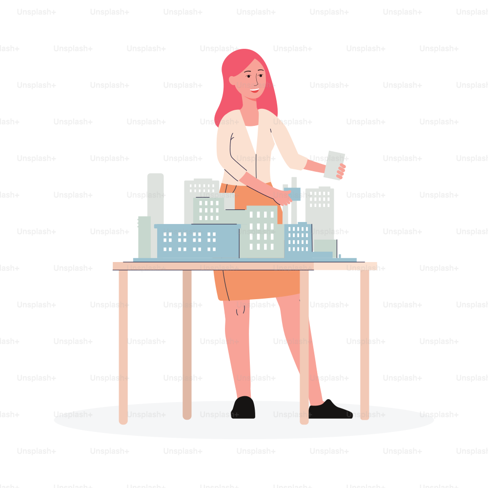 Architect or constructor woman cartoon character making creative design project, flat vector illustration isolated on white background. Architect agency employee at work.