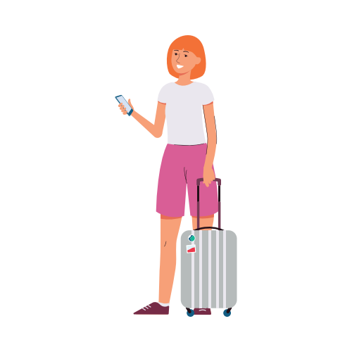 白い背景にスーツケースとスマートフォンの漫画のキャラクターの平らなベクターイラストを持つ旅の女性。夏休み休暇、旅行、観光。