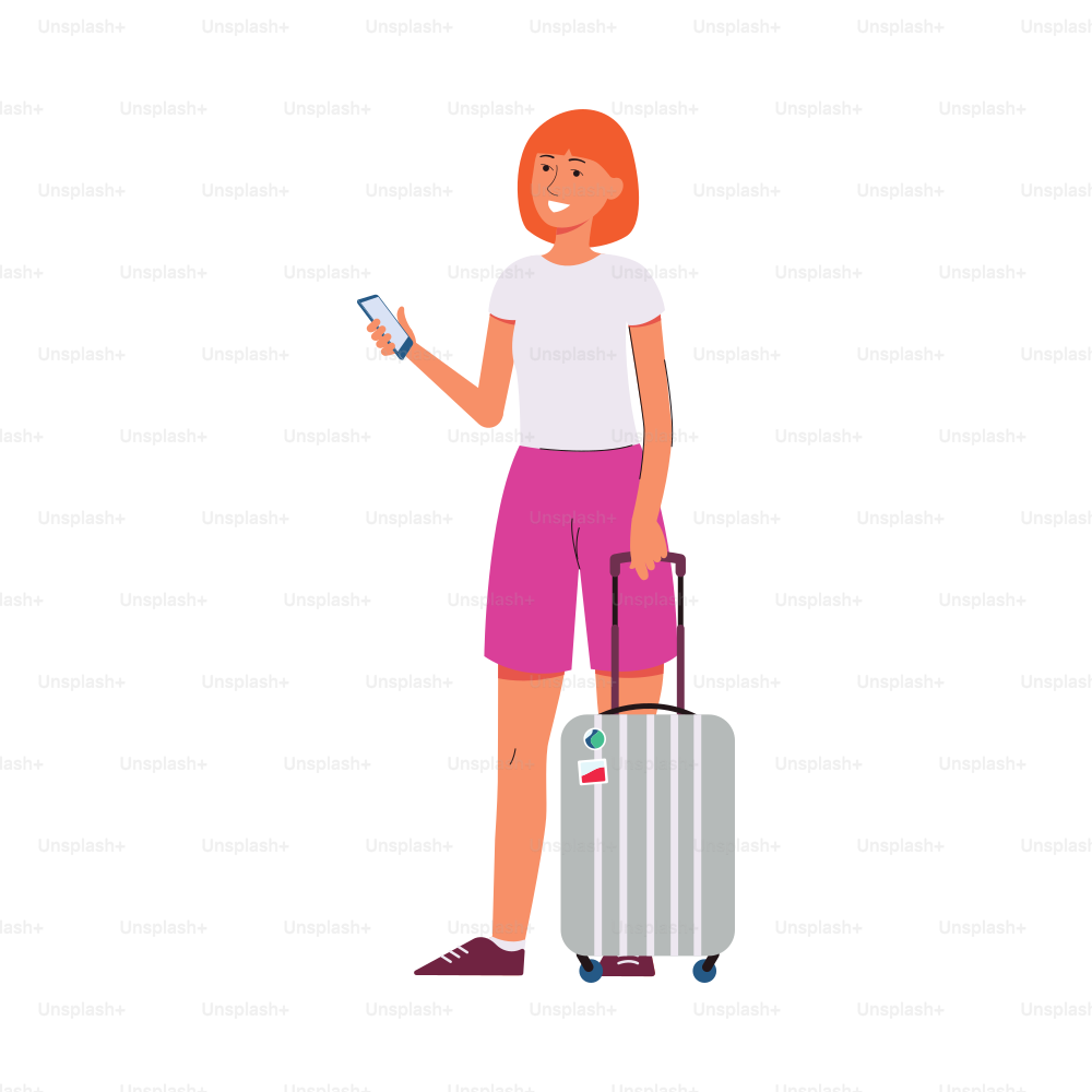 Traveling woman with suitcase and smartphone cartoon character flat vector illustration isolated on white background. Summer holiday vacation, journey and tourism.