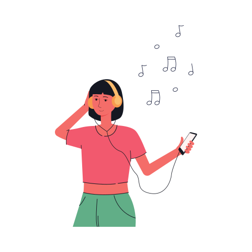 Young woman or girl cute cartoon character enjoying music, flat vector illustration isolated on white background. Attractive smiling female with headphones.