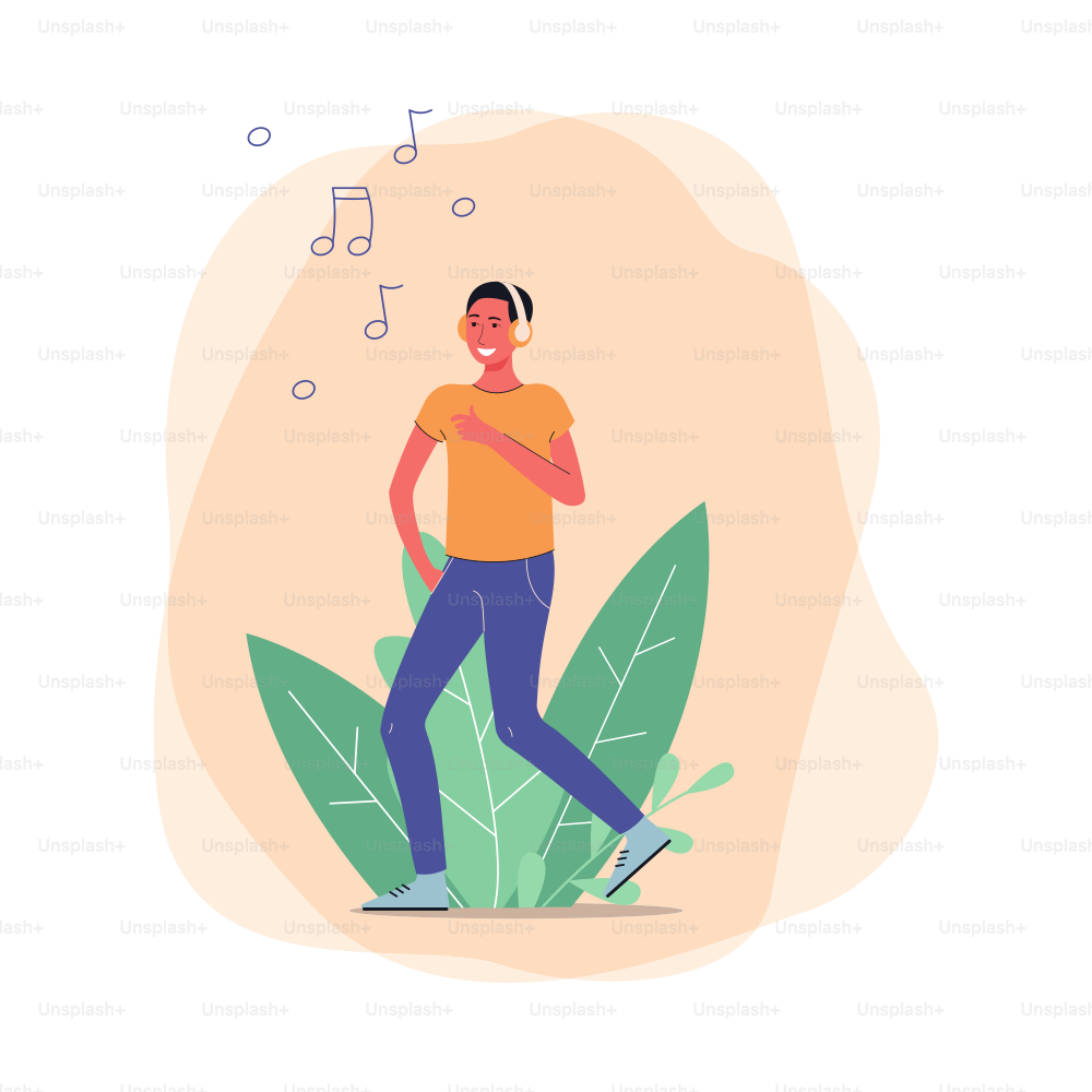 葉と抽象的な形の背景にイヤホンで音楽を聴く若い男性または男性、平らなベクターイラスト。曲に合わせて踊る男性の漫画のキャラクター。
