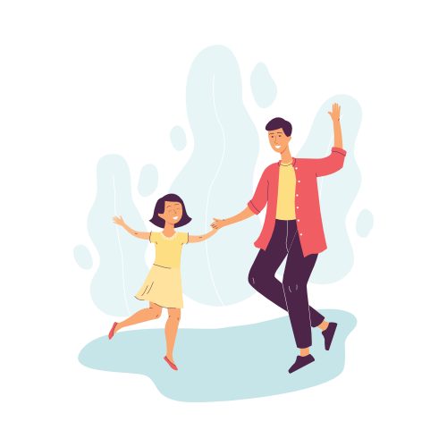 Pai alegre dançando com seus personagens de desenhos animados da filha pequena, ilustração vetorial plana isolada em fundo branco. Celebração em família e união.