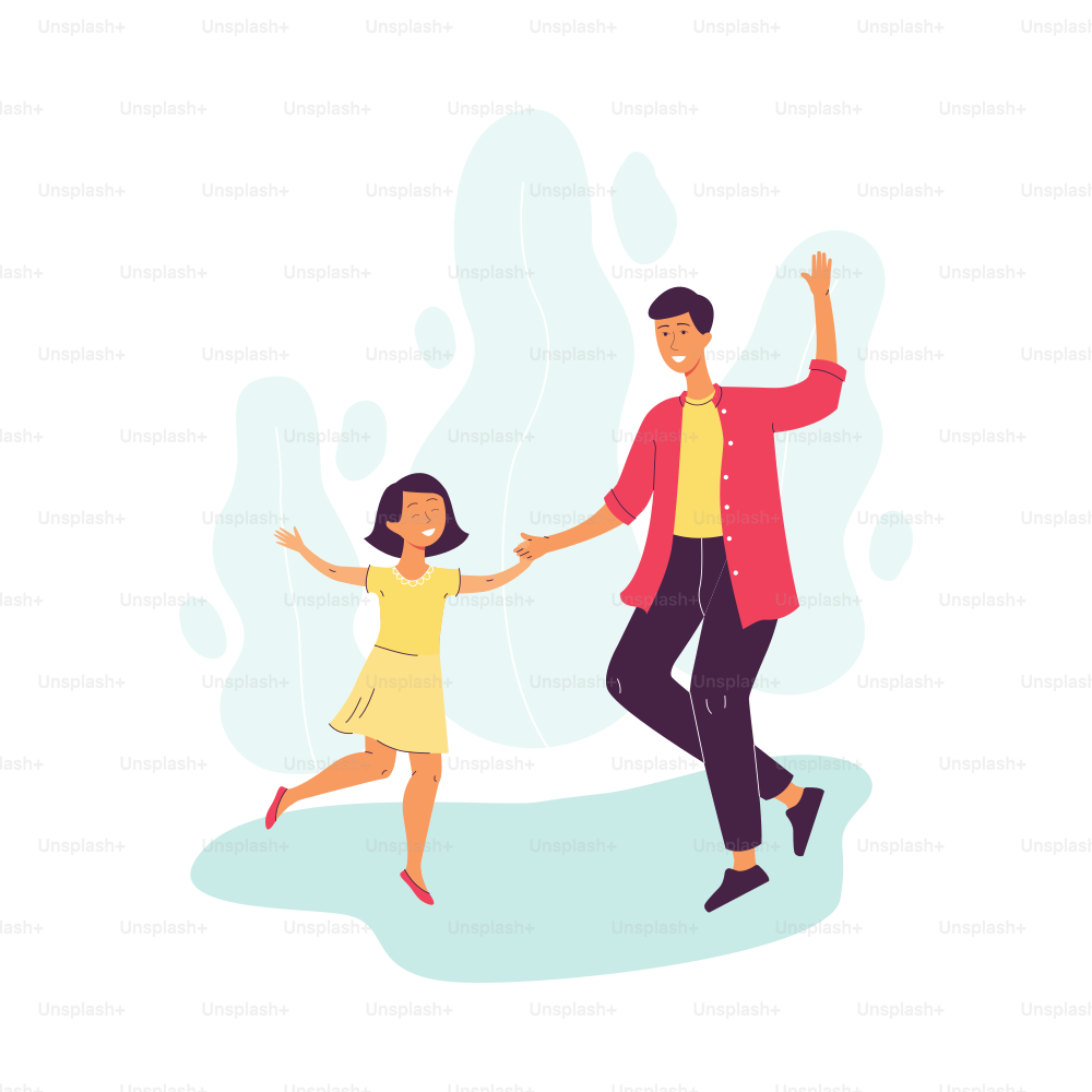 Padre alegre bailando con su pequeña hija personajes de dibujos animados, ilustración vectorial plana aislada sobre fondo blanco. Celebración familiar y unión.