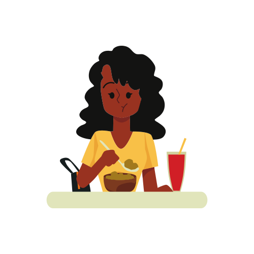 Cartoon woman chewing food from bowl isolated on white background. African girl with dark skin chewing and holding spoon of meal - flat vector illustration