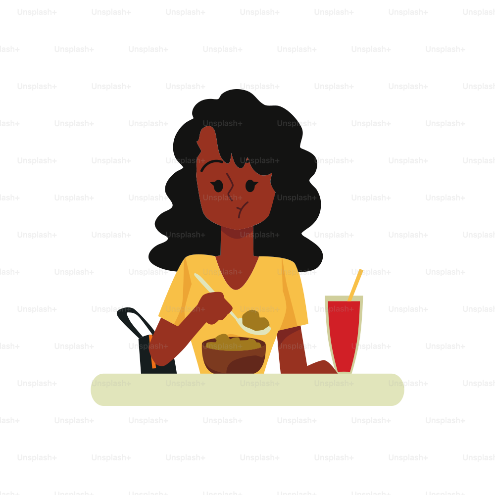 Mulher dos desenhos animados mastigando a comida da tigela isolada no fundo branco. Menina africana com pele escura mastigando e segurando a colher da refeição - ilustração vetorial plana