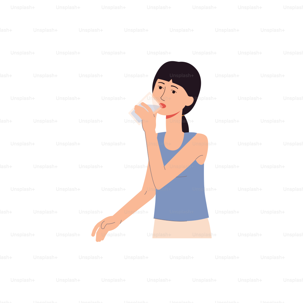 Cartoon woman drinking water from glass isolated on white background. Flat vector illustration of young girl taking care of hydration.