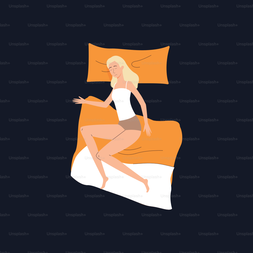 Niedliche attraktive Mädchen oder Frau Zeichentrickfigur schläft auf dem Bett, flache Vektorillustration isoliert auf dunkelblauem Hintergrund. Nachtträume und Entspannung zu Hause.