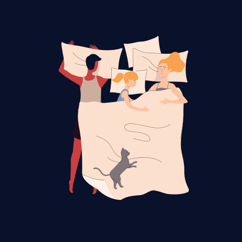 Família com personagens de desenhos animados infantis dormindo juntos na cama, ilustração vetorial plana isolada no fundo branco. Descanso noturno de pais e filhos.