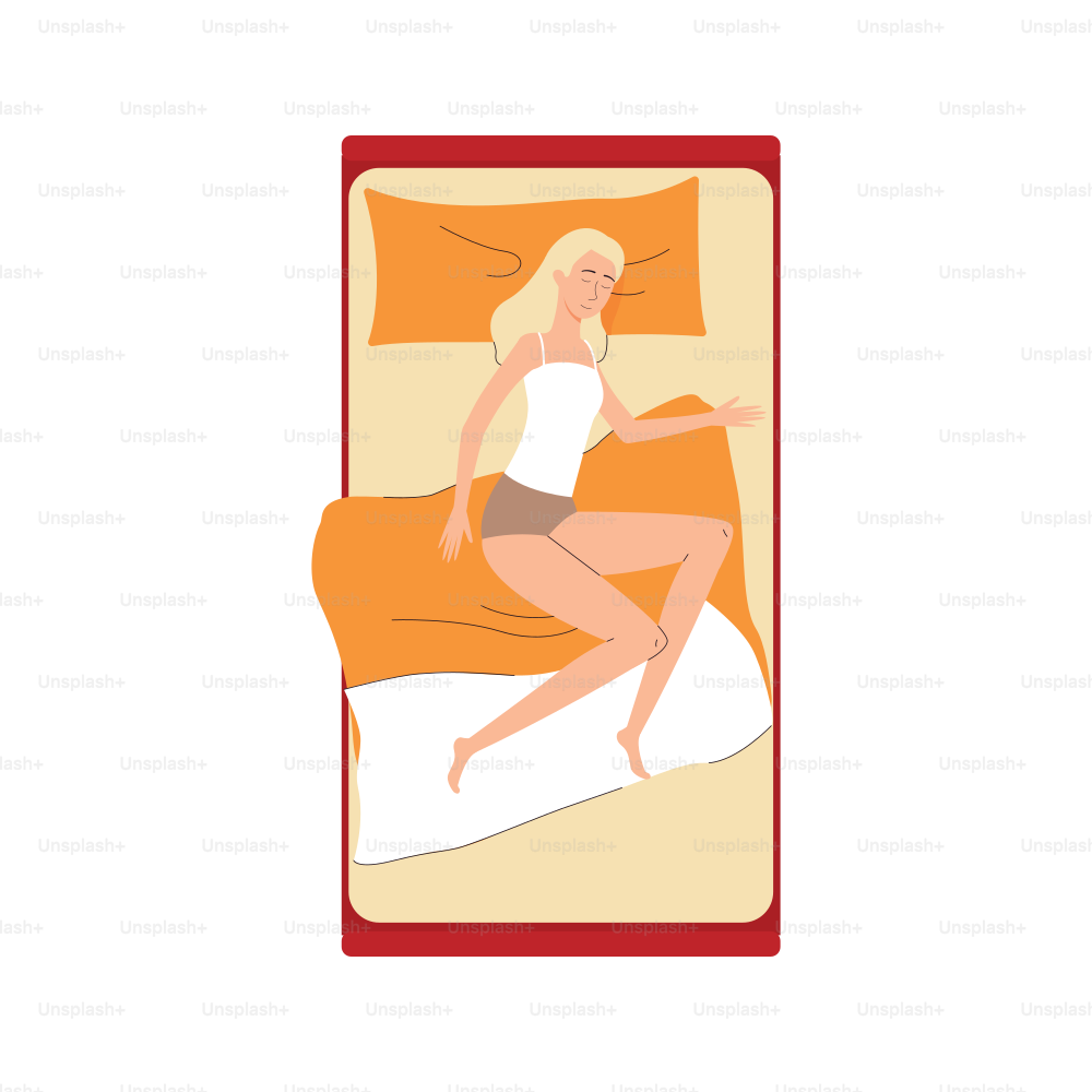 Personnage de bande dessinée femme dormant dans son lit, illustration vectorielle plate isolée sur fond blanc. Nuit de repos, insomnie et concept de relaxation saine.