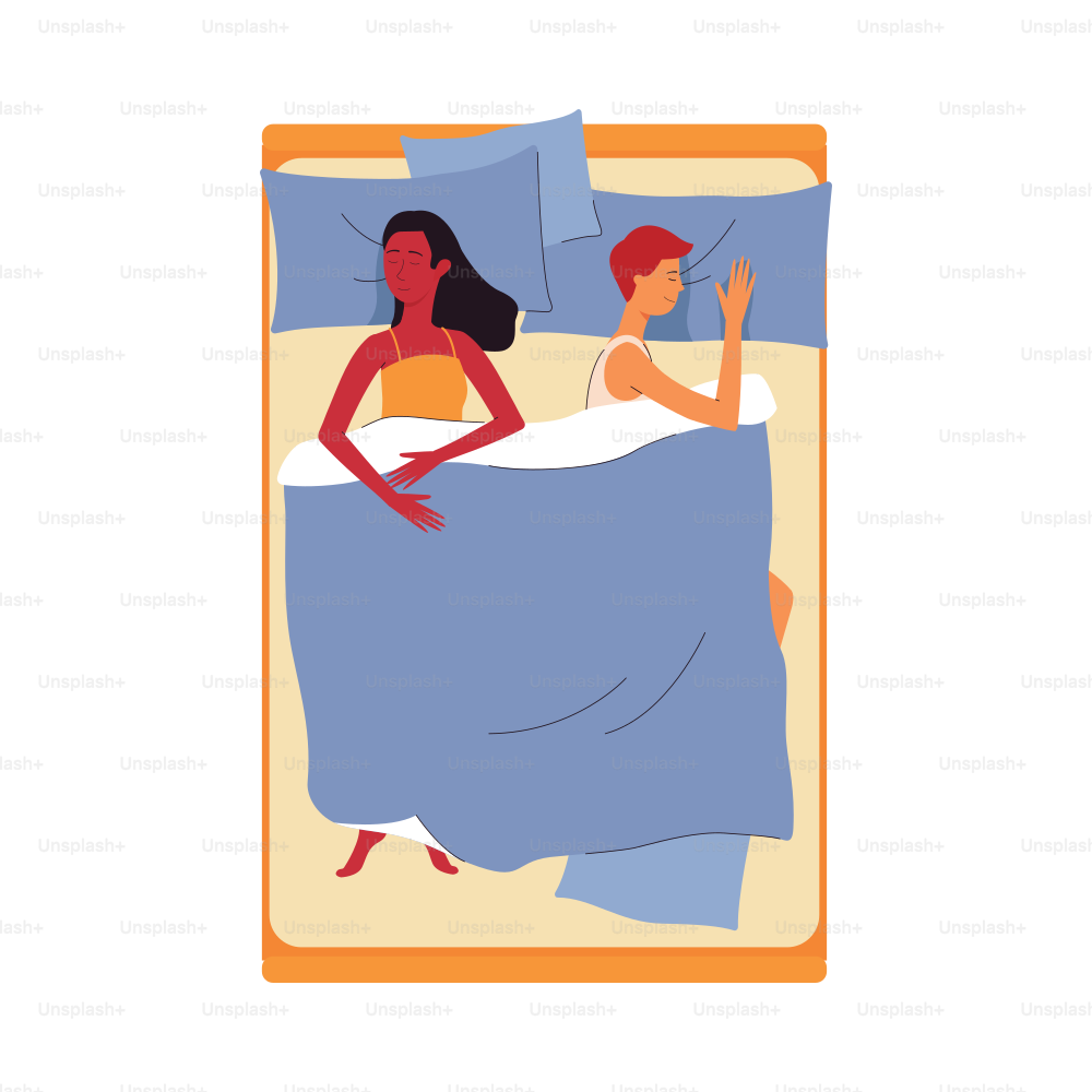 Loving couple, man and woman cartoon characters sleeping together in bed, flat vector illustration isolated on white background. Night time rest and human day schedule.