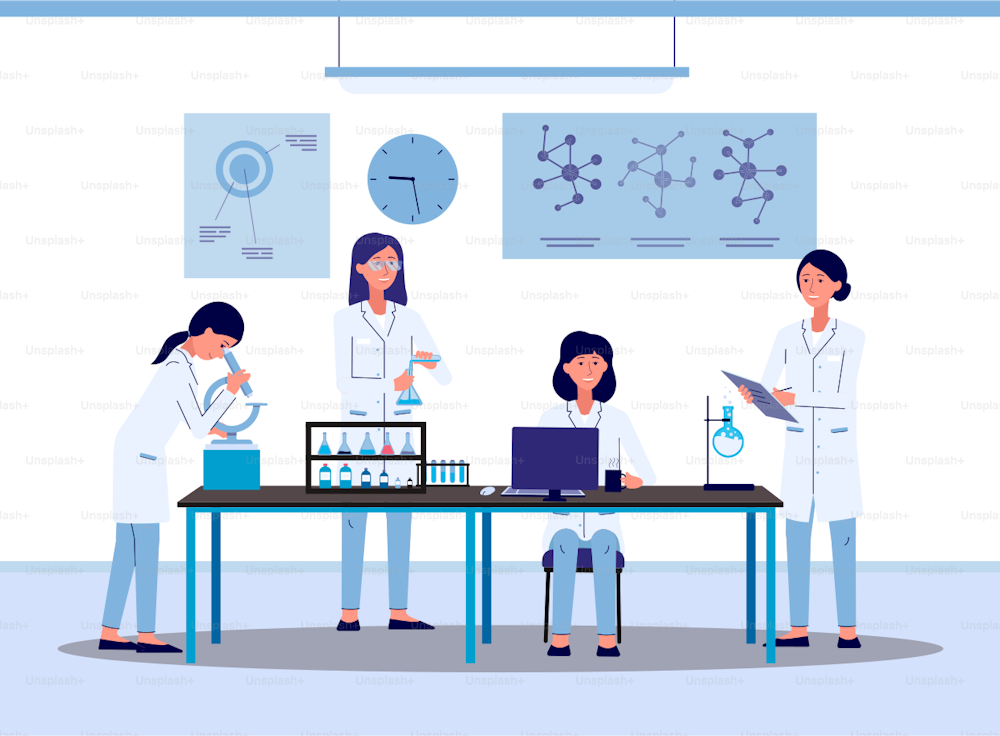 Scientist researchers female cartoon characters working in laboratory, flat vector illustration. Professional scientists women conducting biology or chemistry experiment.