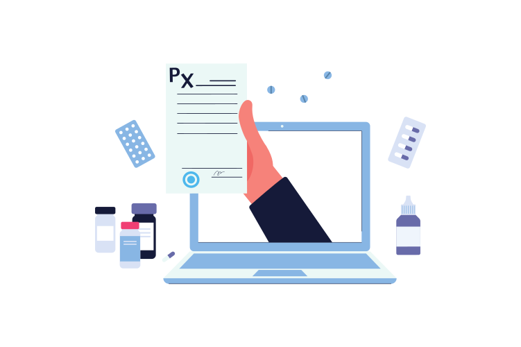 Hand from laptop holds doctor medical prescription, online medicine and health care concept, isolated flat cartoon vector illustration.