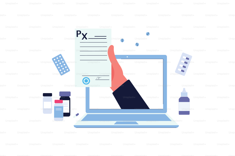Hand from laptop holds doctor medical prescription, online medicine and health care concept, isolated flat cartoon vector illustration.