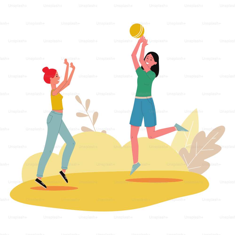 Women or young girls cartoon characters playing sports game with ball, flat vector illustration isolated on white background. Beach volleyball female players.