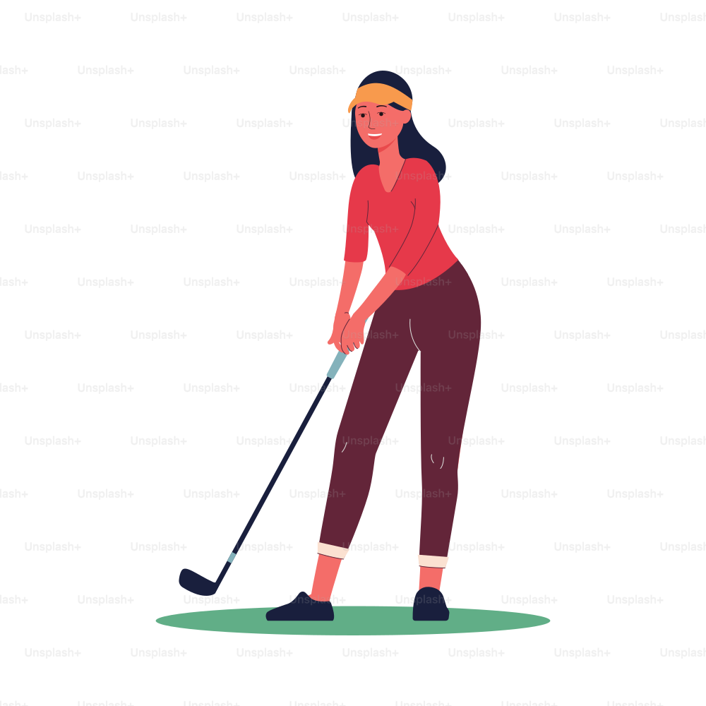 Female cartoon character with niblick playing golf, flat vector illustration isolated on white background. Active healthy recreation and sports for women.