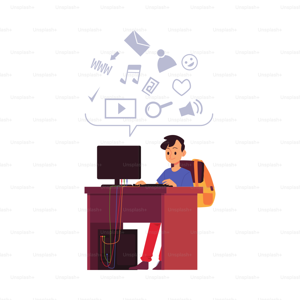 Enfant garçon d’âge scolaire personnage étudiant en ligne à l’aide d’un ordinateur, illustration vectorielle plate isolée sur fond blanc. Cours à distance et éducation pour les enfants.