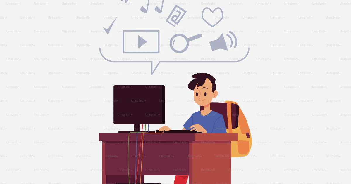 Character Student Using Computer Child boy of school age character studying online using computer, flat ...