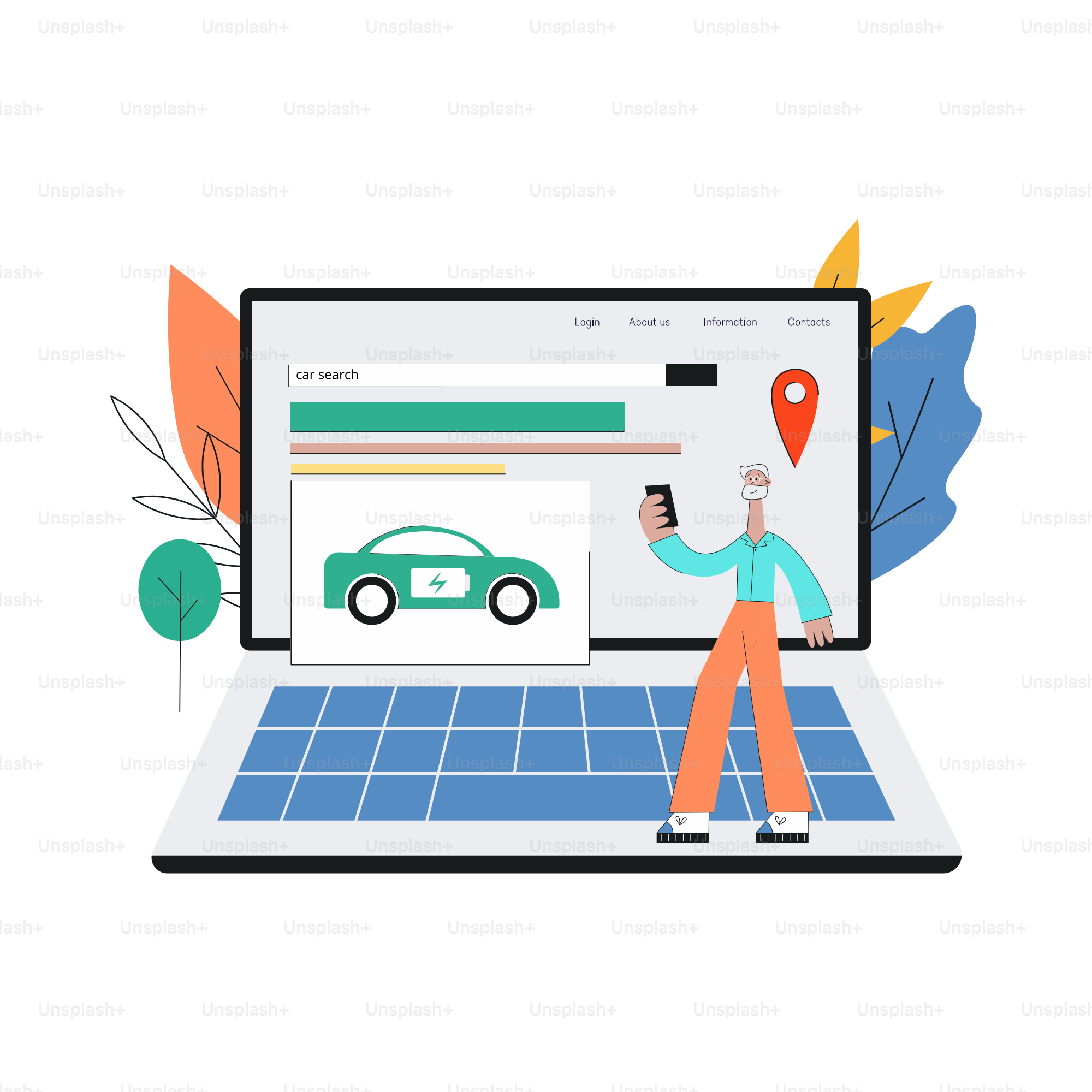 Aplicativo ou programa de busca de carros online ou conceito de banner com homem, personagem de desenho animado usando celular para aluguel ou compartilhamento de carro, ilustração vetorial isolada em branco.