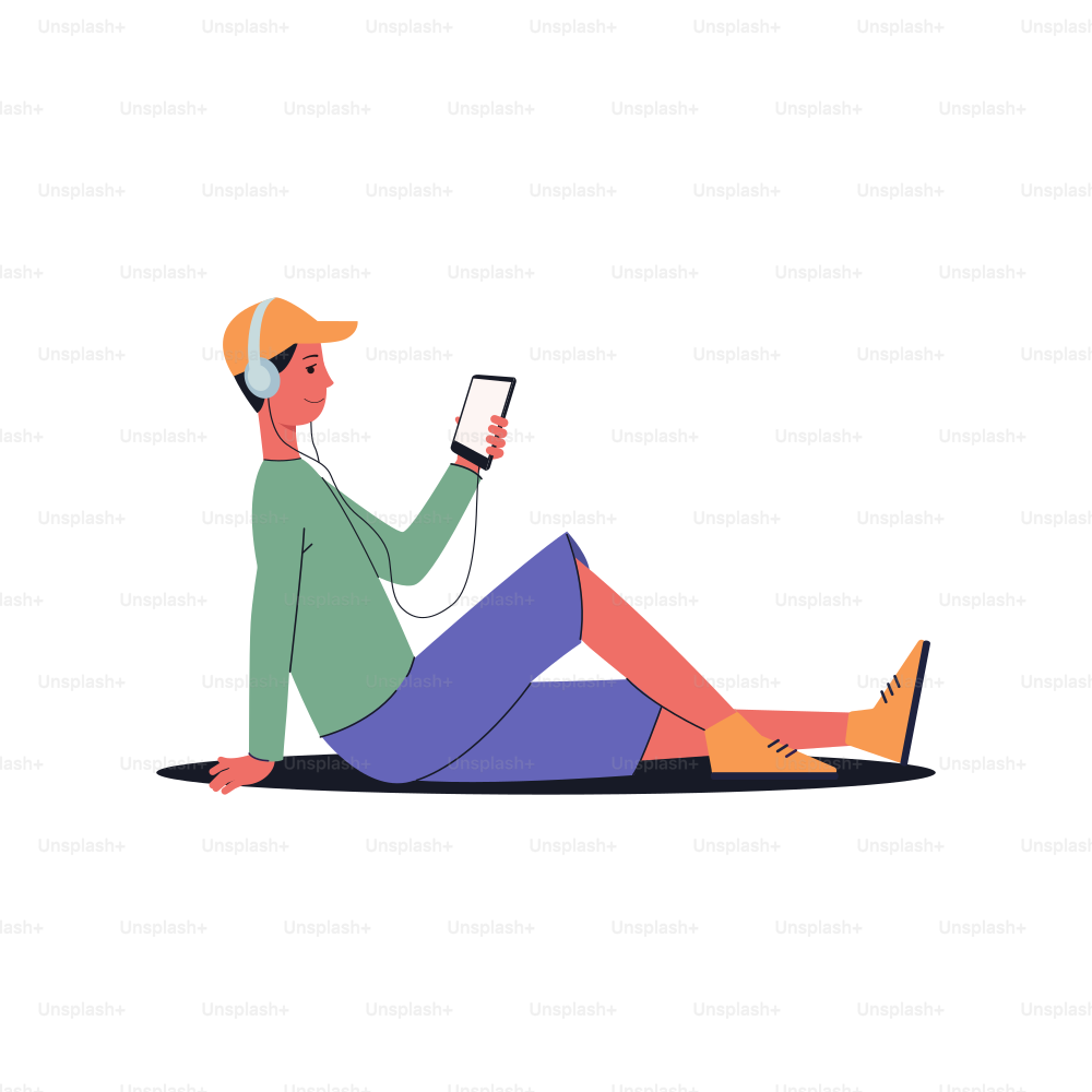 Man sitting on the floor with headphones listening to music and looking at his phone screen while smiling - audio listener with smartphone, isolated flat vector illustration