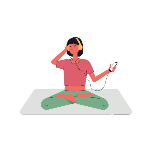 Young woman sitting in yoga meditation lotus pose and listening to music. Girl character relaxing in headphones. Flat vector illustration isolated on white background.