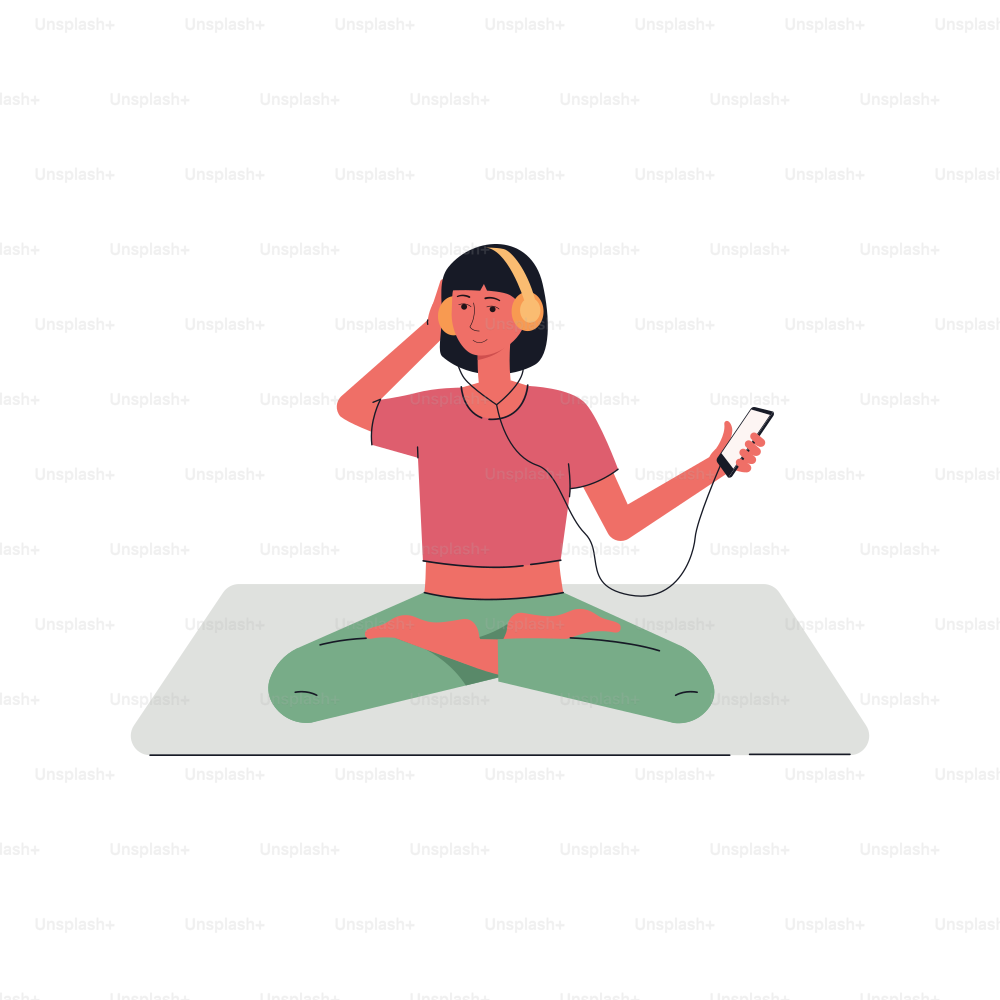 Young woman sitting in yoga meditation lotus pose and listening to music. Girl character relaxing in headphones. Flat vector illustration isolated on white background.