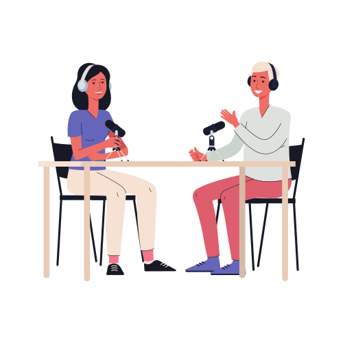 Cartoon people recording a podcast - man and woman with microphone and headphones sitting at table and talking for radio audio broadcast, flat isolated vector illustration.