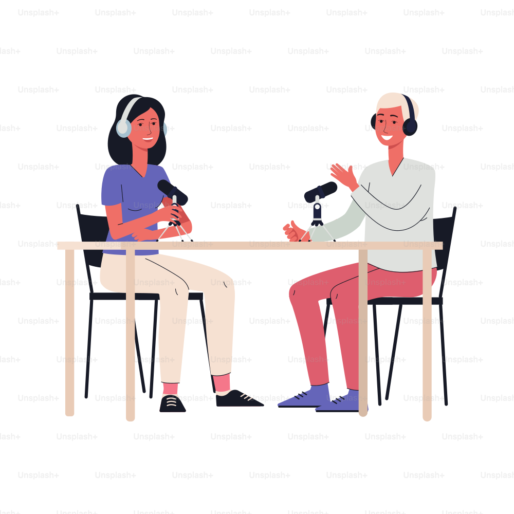Cartoon people recording a podcast - man and woman with microphone and headphones sitting at table and talking for radio audio broadcast, flat isolated vector illustration.