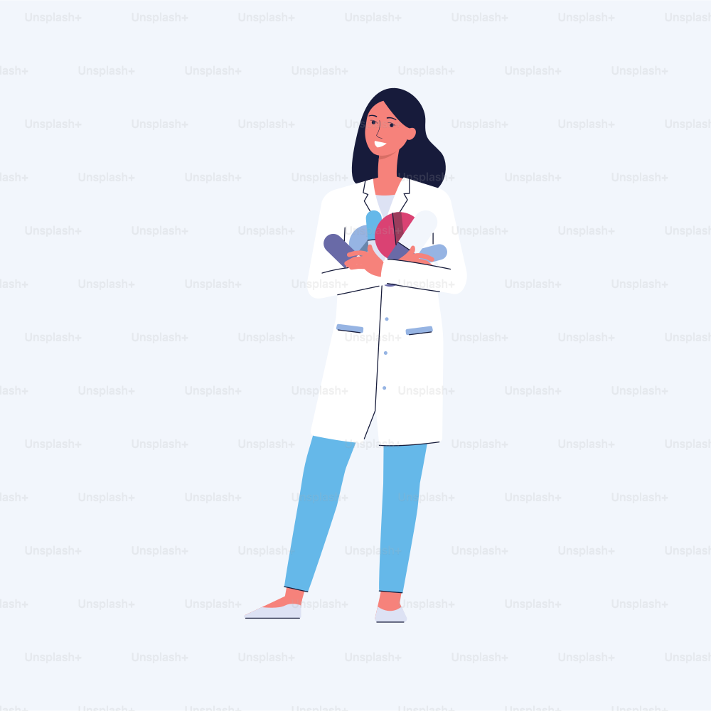 Cartoon pharmacist woman holding big pile of pills - isolated female doctor in uniform standing and showing different kinds of medicine. Flat vector illustration.
