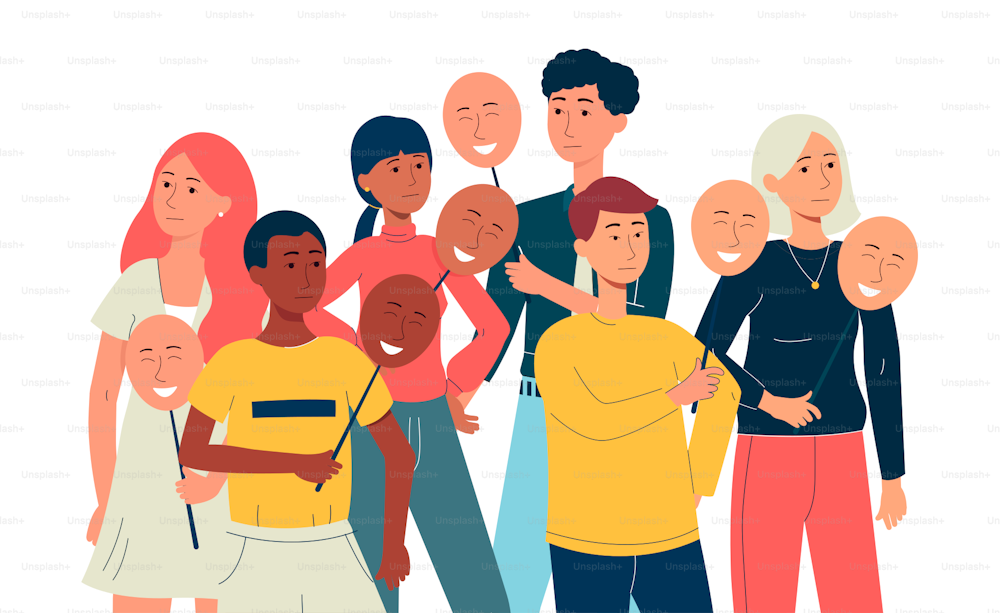 Cartoon people holding smiling mood masks with fake smiles - crowd of sad or neutral men and women putting on positive emotion face masks. Flat isolated vector illustration