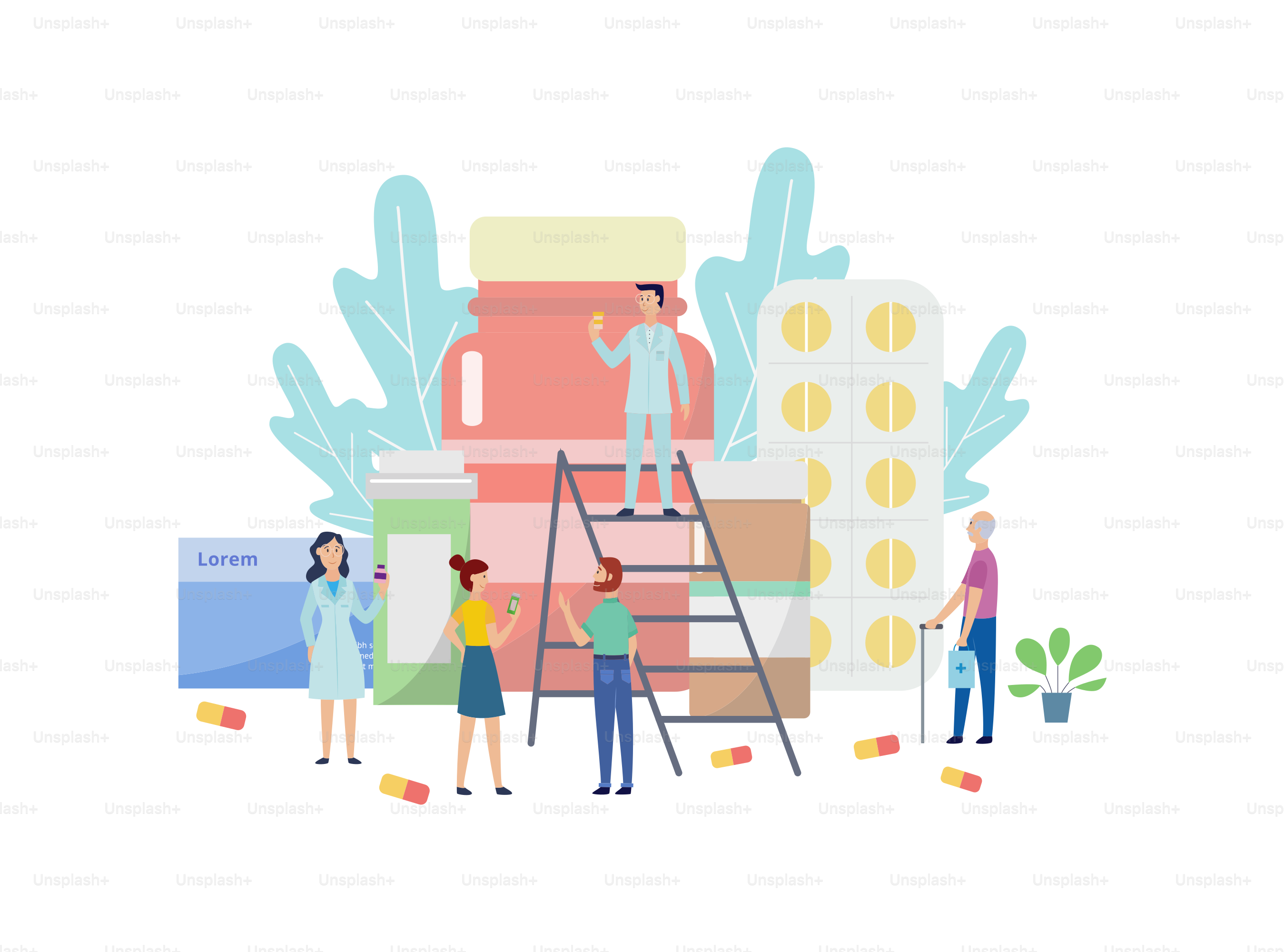 Personajes de personas, en recipientes de pastillas y drogas, fondo plano de ilustración vectorial aislada sobre fondo blanco. Consulta de salud y banner web de farmacias online.