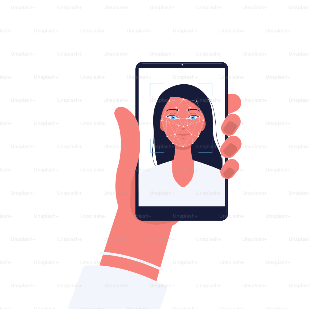 Face recognition technology - hand holding a phone with cartoon woman on screen. Facial identification scanner app - flat cartoon vector illustration isolated on white background.