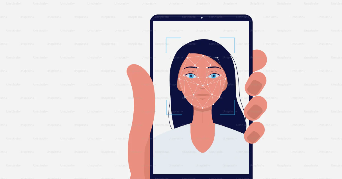 Face recognition technology - hand holding a phone with cartoon woman ...