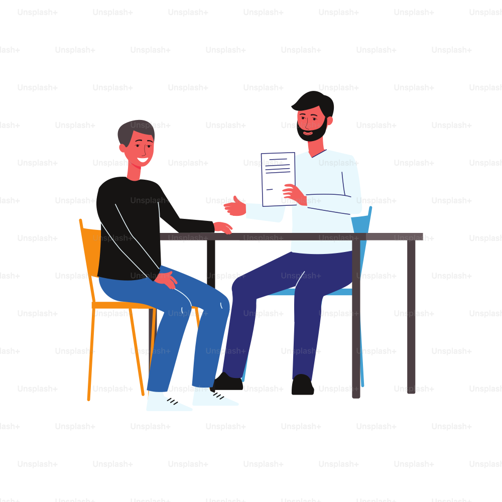 Cartoon salesman and customer sitting at table and smiling, happy salesperson holding deal document - isolated flat vector illustration on white background.
