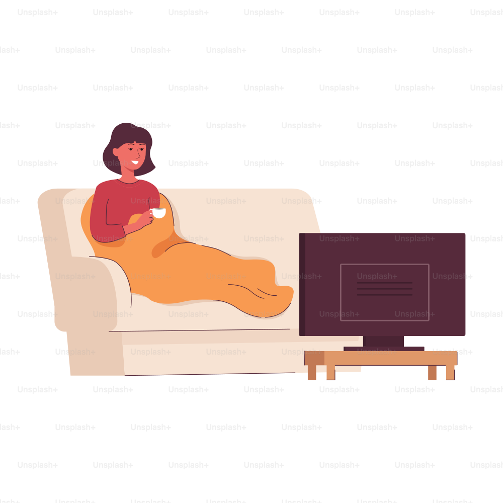 Daily women lifestyle and routine concept - woman relaxing after work and watch TV. Leisure and rest time flat cartoon vector illustration isolated on white background.