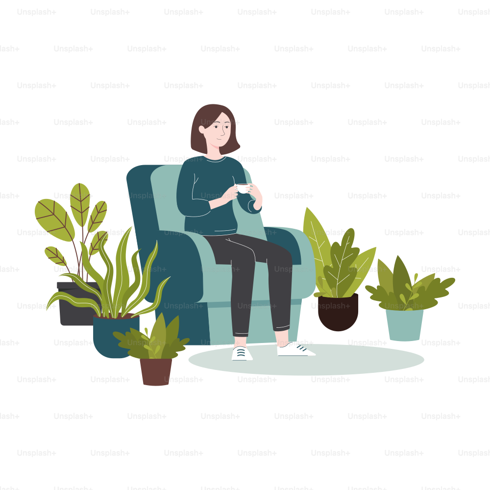 Cartoon woman sitting in a chair drinking tea or coffee surrounded by potted house plants - isolated urban jungle style interior decor scene, flat vector illustration