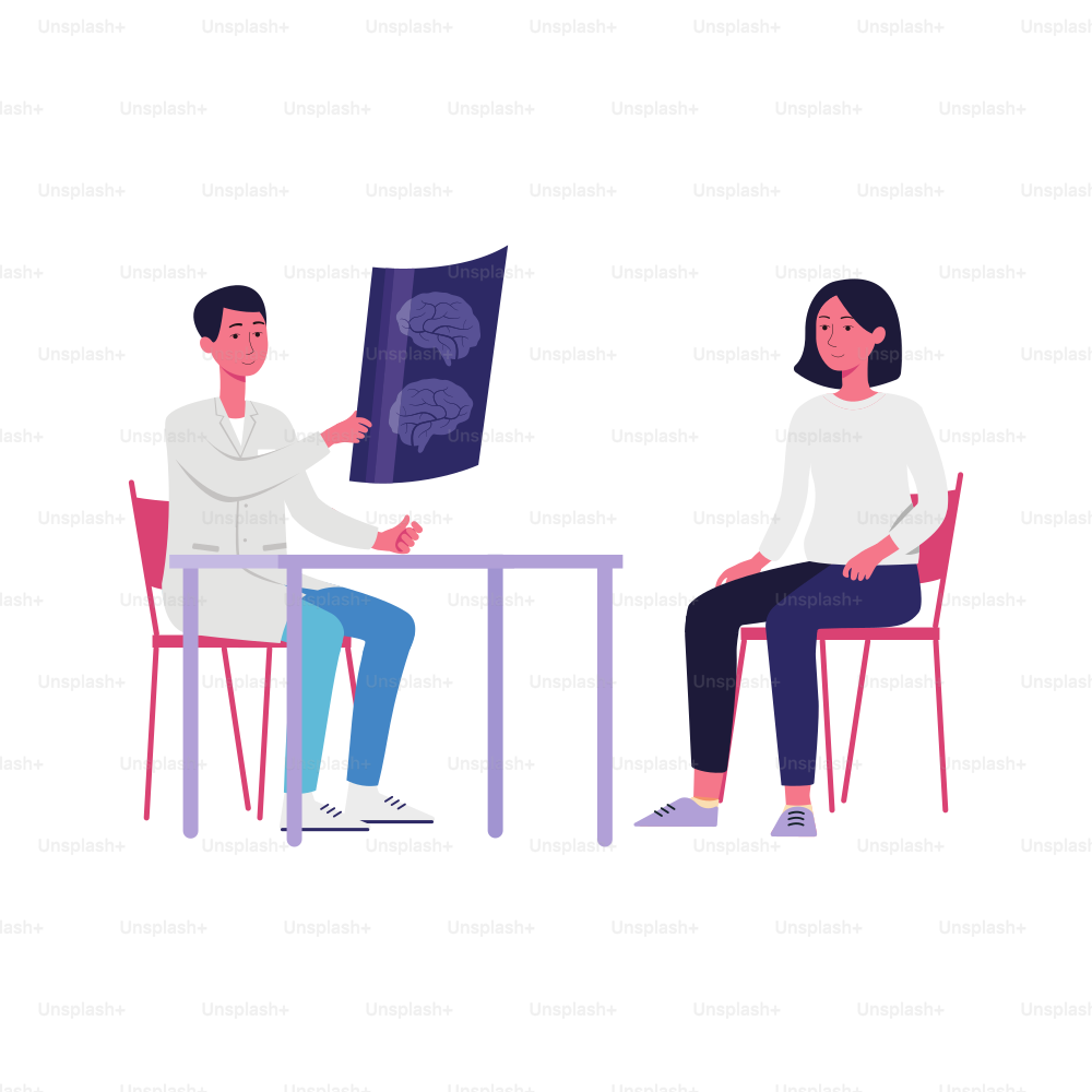 Doctor and patient discussing brain scan x ray image sitting at desk, cartoon people at health consultation in hospital - isolated flat vector illustration