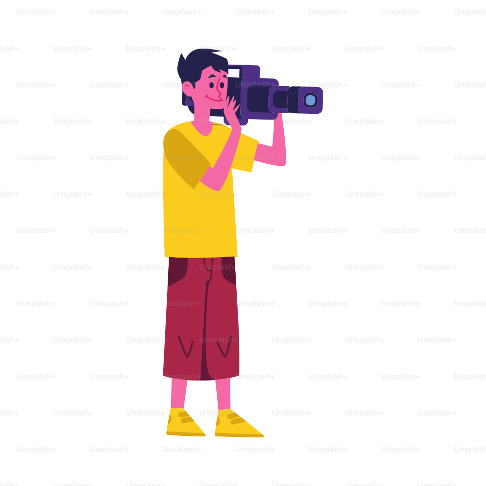 Media broadcasting crew member the professional cameraman or TV reporter, operator shooting the cartoon character flat vector illustration isolated on white background.