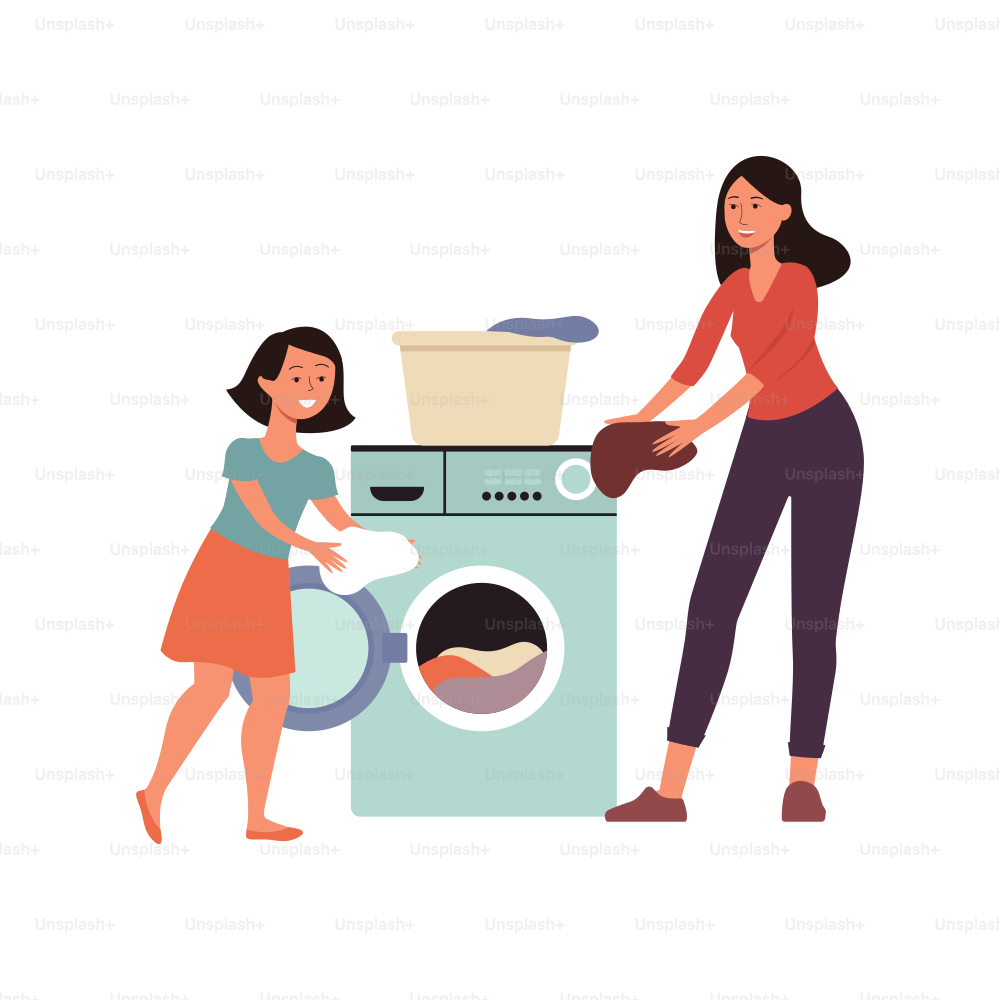 Family scene a daughter helping her mother at home flat cartoon vector illustration isolated on white background. Home cleaning and housekeeping concept icon.