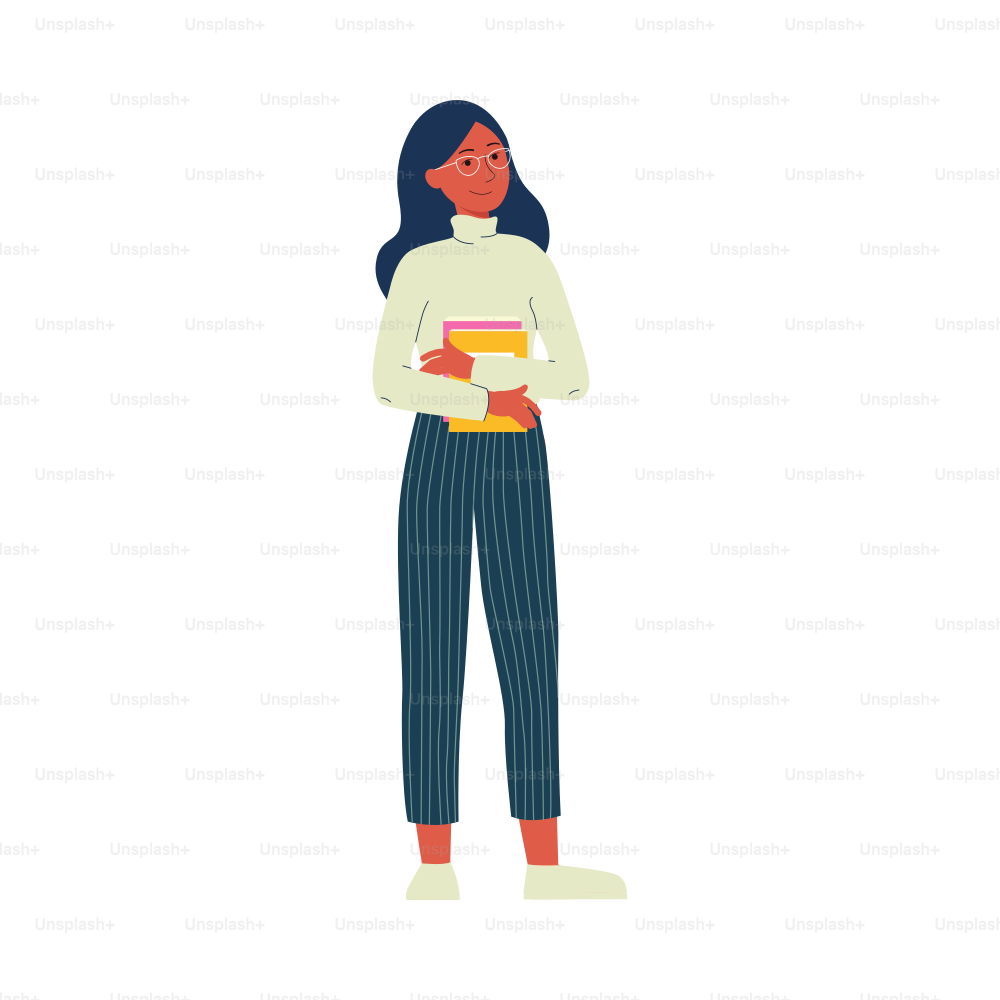 Cartoon girl holding books and smiling - female college student in glasses and turtleneck standing isolated on white background, flat vector illustration.