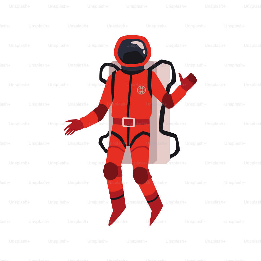 Astronauta o astronauta in personaggio della tuta spaziale rossa, illustrazione vettoriale del fumetto piatto isolata su sfondo bianco. Indumento cosmico Explorer per passeggiate spaziali.