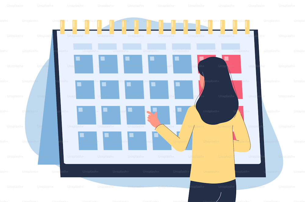 Mulher olhando para o calendário mensal - bandeira de controle do ciclo da menstruação com personagem de desenho animado feminino em pé e contando os dias da semana. Ilustração vetorial isolada plana.