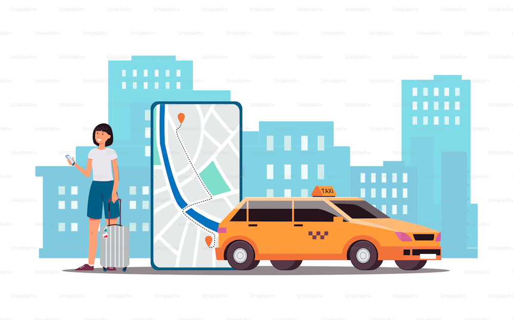 Cartoon woman calling taxi service via phone app - smartphone screen with car route on map and yellow cab on city backdrop. Flat isolated vector illustration.