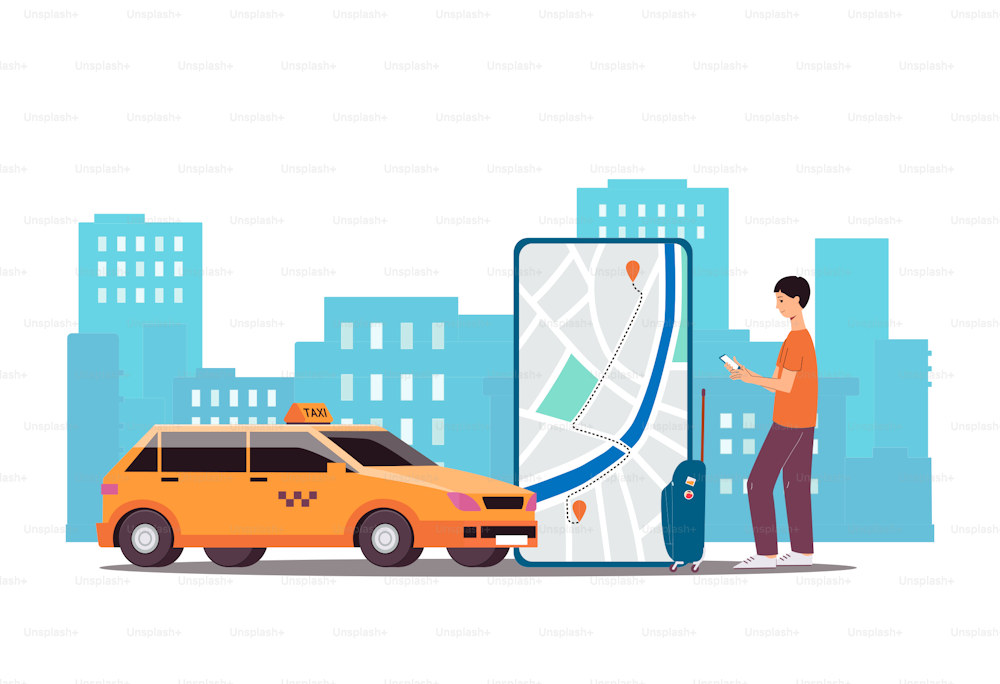 Online-Taxi-Service-App - flaches Banner mit Cartoon-Mann, der auf die Autokartenroute schaut und in der Nähe eines gelben Taxis auf dem Hintergrund des Stadtbildes steht. Issolierte Vektorillustration.