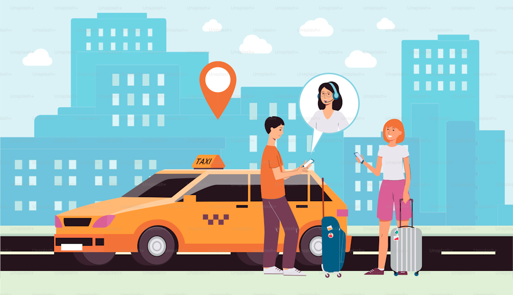 Fundo da paisagem urbana com carro de táxi e personagens de desenhos animados de pessoas que pedem transporte via aplicativo de internet, ilustração vetorial plana. Tecnologia de rede avançada.